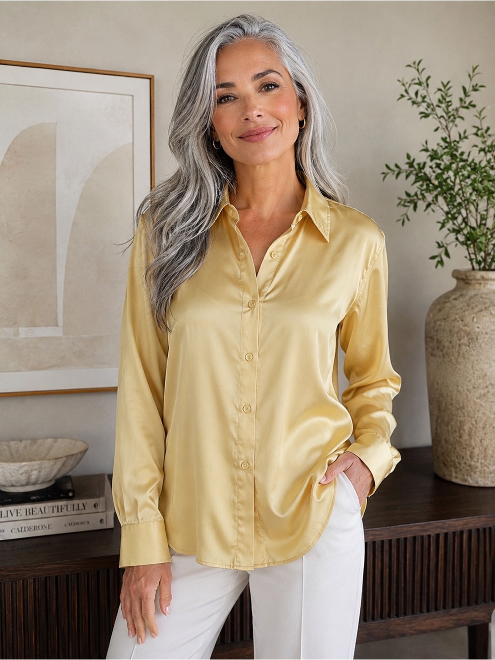 JustFab Pale Yellow Satin Button-Down Blouse